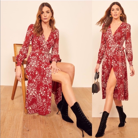 Reformation Susanna Wrap Red Floral Dress Bryce - Picture 9 of 10
